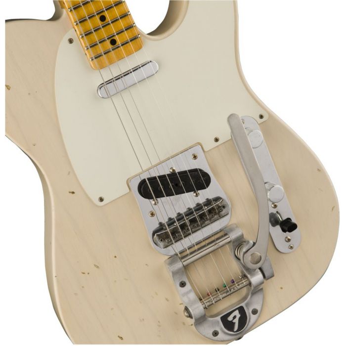 Front closeup view of a Fender CS LE Journeyman Twisted Tele Aged White Blonde