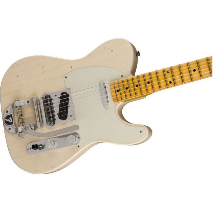 Front angled view of a Fender CS LE Journeyman Twisted Tele Aged White Blonde