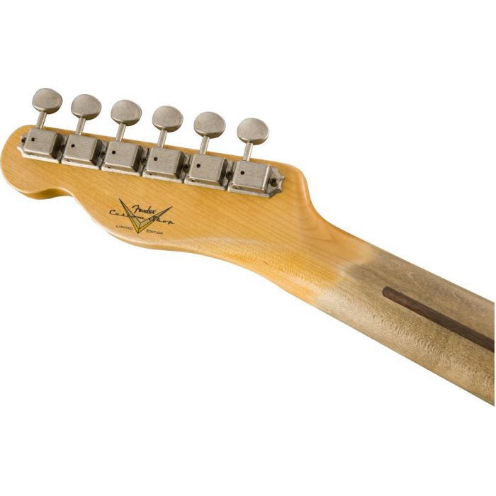 Rear view of the headstock on a Fender CS LE Journeyman Twisted Tele Aged White Blonde