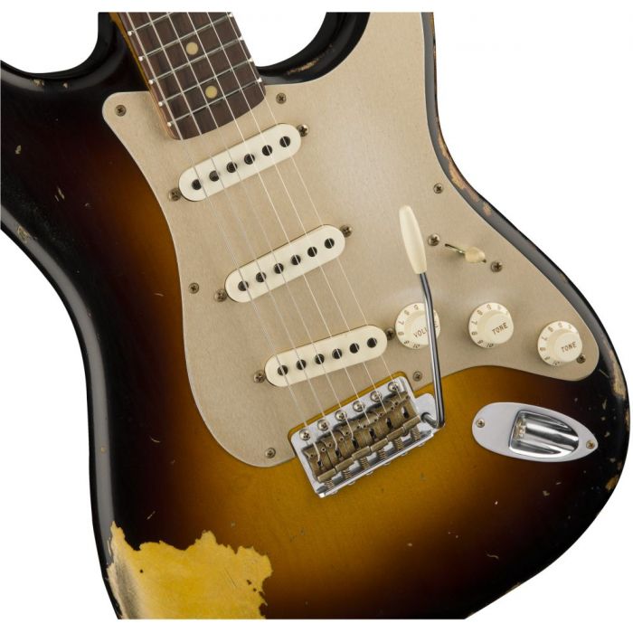 Closeup front view of a Fender Custom Shop LTD 59 Stratocaster Heavy Relic Sunburst