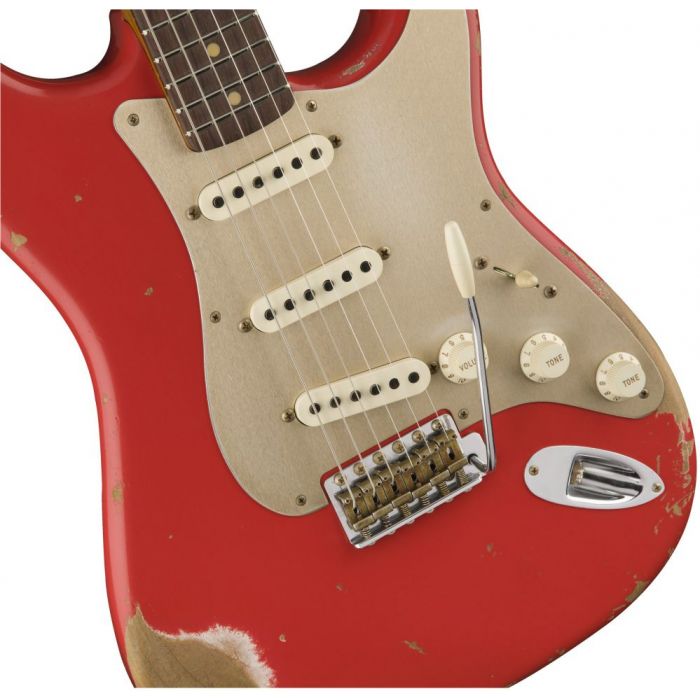 Front closeup view of a Fender Custom Shop LE 59 Strat Heavy Relic Aged Fiesta Red