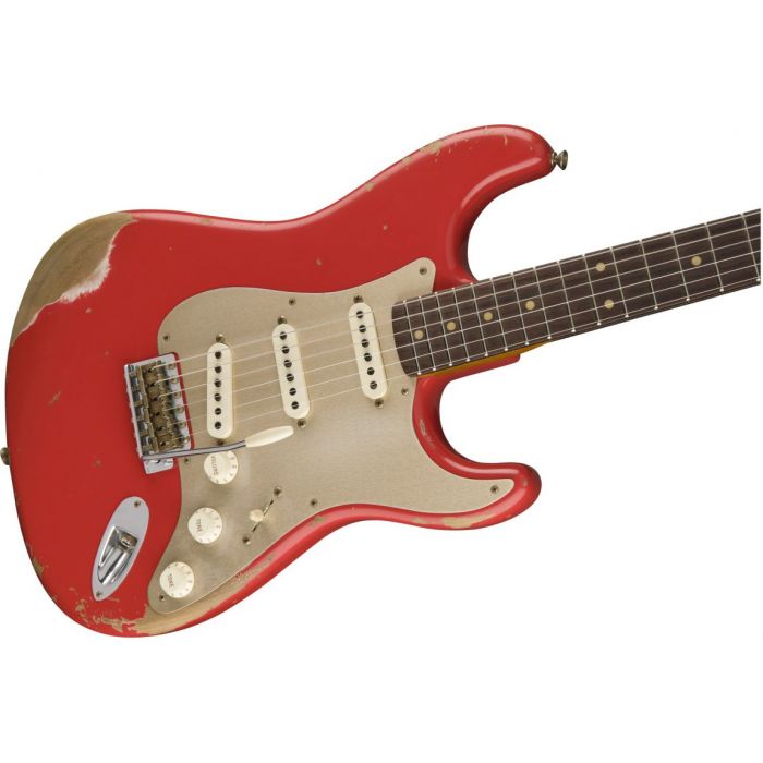 Front angled view of a Fender Custom Shop LE 59 Strat Heavy Relic Aged Fiesta Red