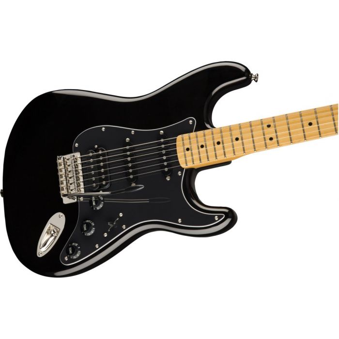 Front closeup view of a Squier Classic Vibe 70s Stratocaster HSS MN Black