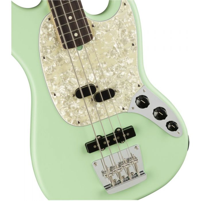 Front closeup view of a Fender American Performer Mustang Bass Satin Surf Green