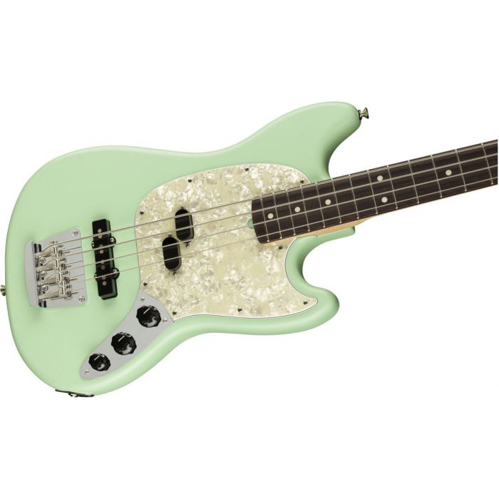 Front angled view of a Fender American Performer Mustang Bass Satin Surf Green