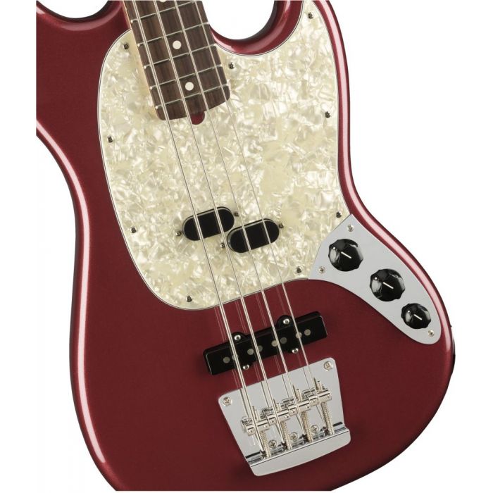 Closeup front view of a Fender American Performer Mustang Bass RW FB Aubergine