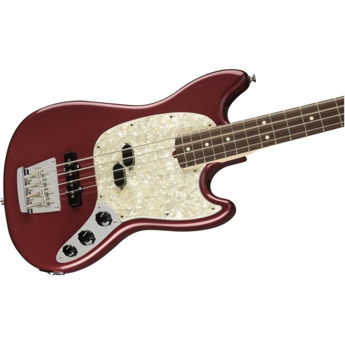 Front angled view of a Fender American Performer Mustang Bass RW FB Aubergine