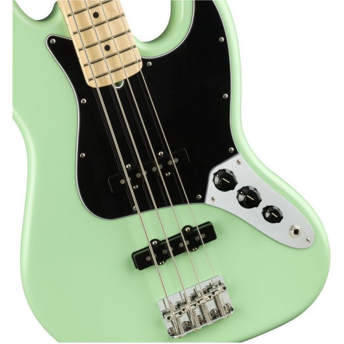 Front closeup view of a Fender American Performer Jazz Bass Maple FB Satin Surf Green