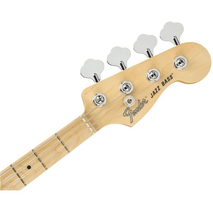 Front view of the headstock on a Fender American Performer Jazz Bass Maple FB Satin Surf Green
