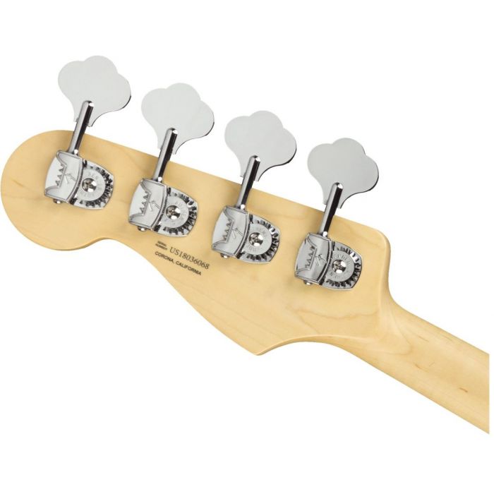 Rear view of the headstock on a Fender American Performer Jazz Bass Maple FB Satin Surf Green