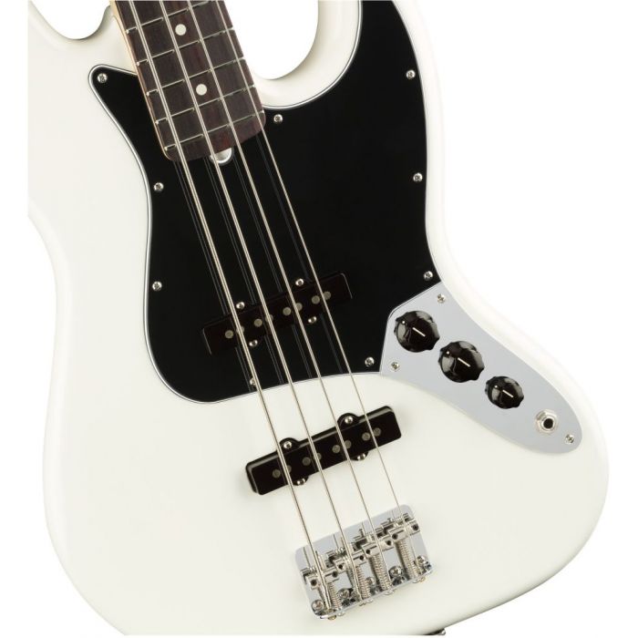 Front closeup of a Fender American Performer Jazz Bass RW FB Arctic White