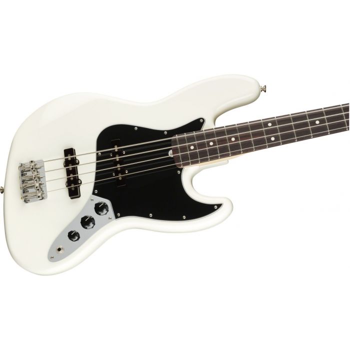 Front angled view of a Fender American Performer Jazz Bass RW FB Arctic White