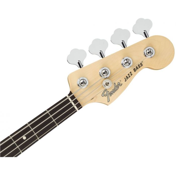 Front view of the headstock on a Fender American Performer Jazz Bass RW FB Arctic White