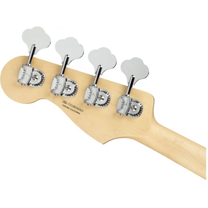 Rear view of the headstock on a Fender American Performer Jazz Bass RW FB Arctic White