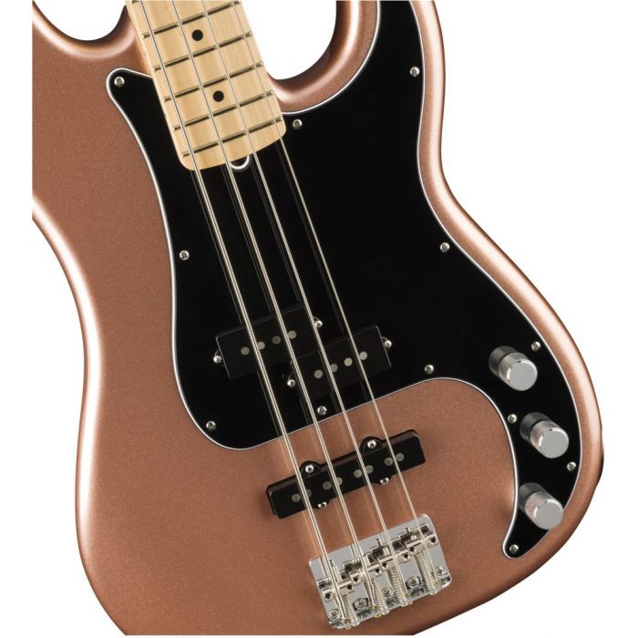 Front closeup view of a Fender American Performer Precision Bass MN Penny