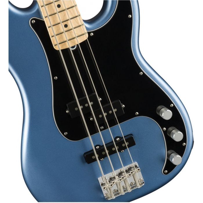 Front closeup view of a Fender American Performer Precision Bass Satin Lake Placid Blue