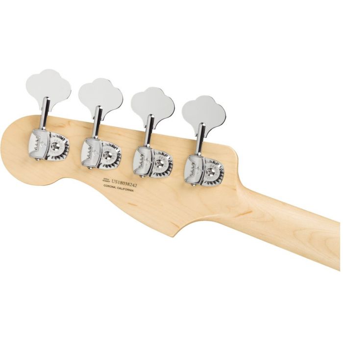 Rear view of the headstock on a Fender American Performer Precision Bass Arctic White