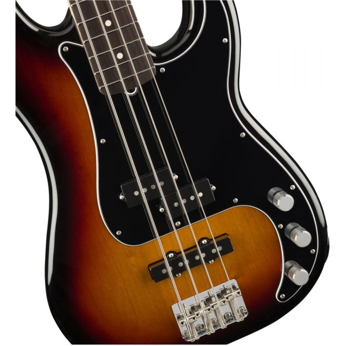 Closeup front view of a Fender American Performer Precision Bass 3-Color Sunburst