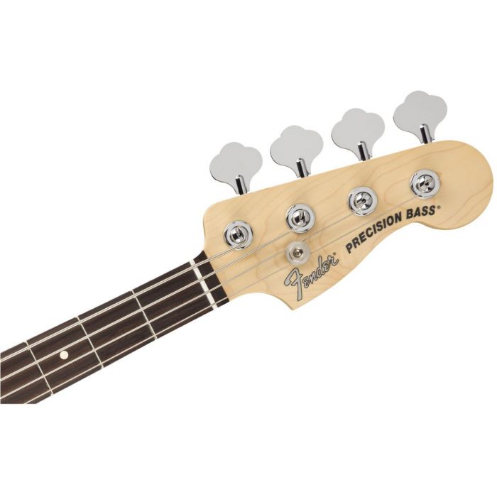 Front view of the headstock on a Fender American Performer Precision Bass 3-Color Sunburst