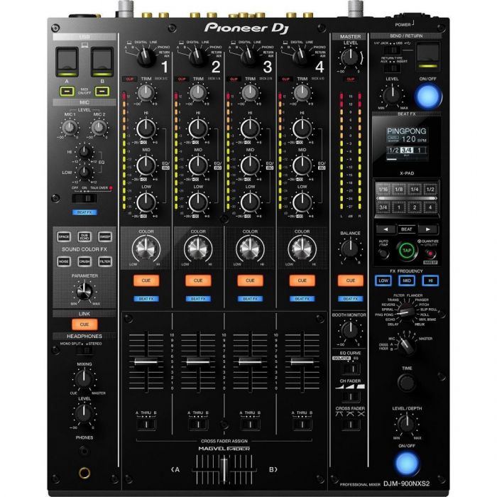 Full top down view of a Pioneer DJM-900NXS2 4-channel digital pro-DJ mixer