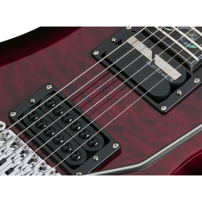 Closeup view of a Schecter Nikki Stringfield A 6 FR S in Blood Red Burst