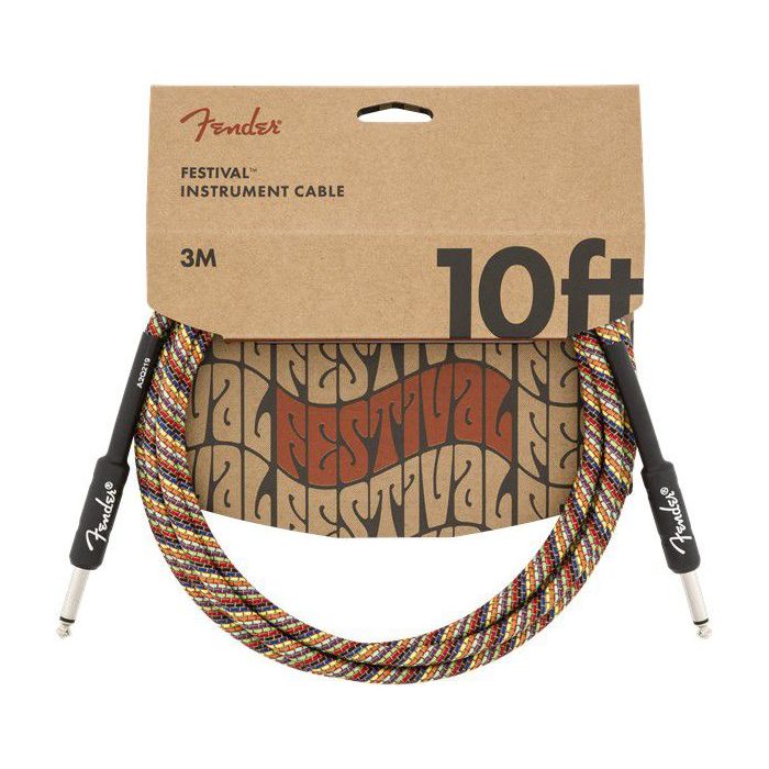 Full packaged view of a Fender 10' Festival Instrument Cable Rainbow