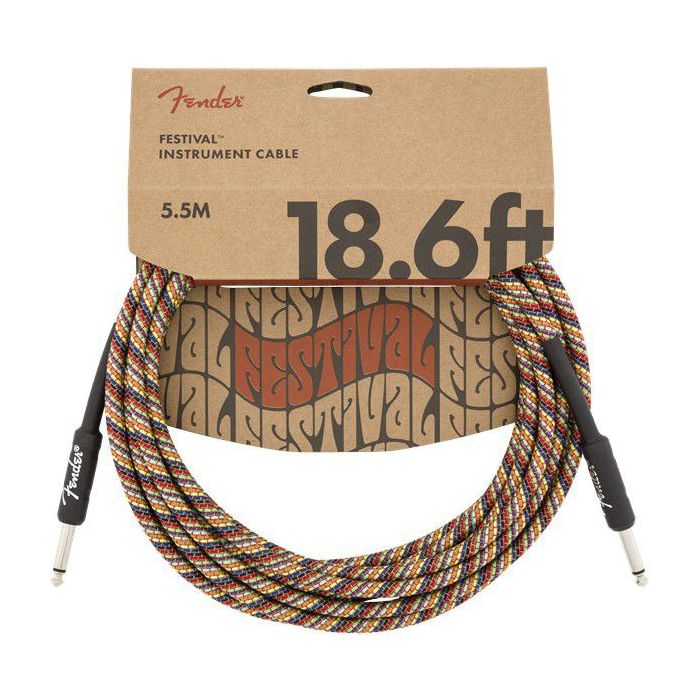 Full packaged view of a Fender 18.6' Festival Instrument Cable Rainbow