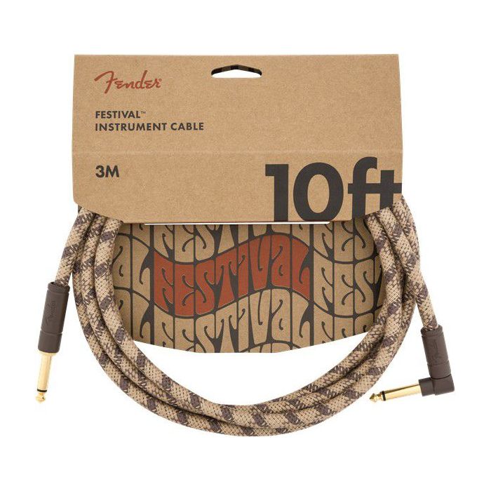 Full packaged view of a Fender 10' Angled Festival Cable Pure Hemp Brown Stripe