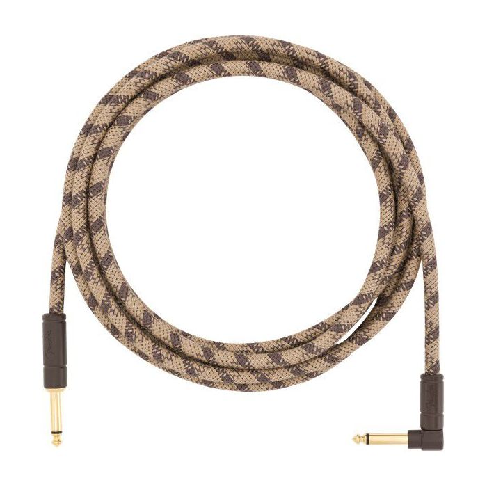 Coiled, unpackaged view of a Fender 10' Angled Festival Cable Pure Hemp Brown Stripe