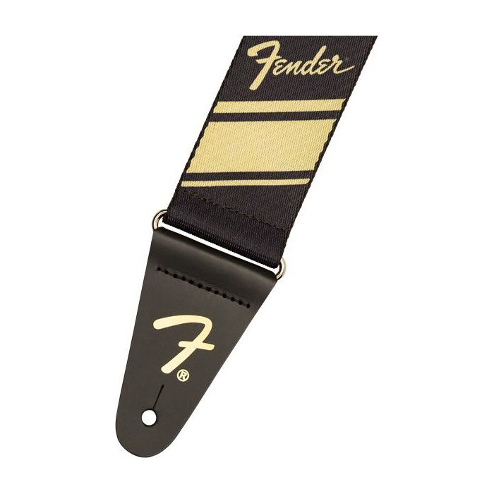 Closeup of the logo on a Fender 2 Inch Competition Stripe Strap Gold