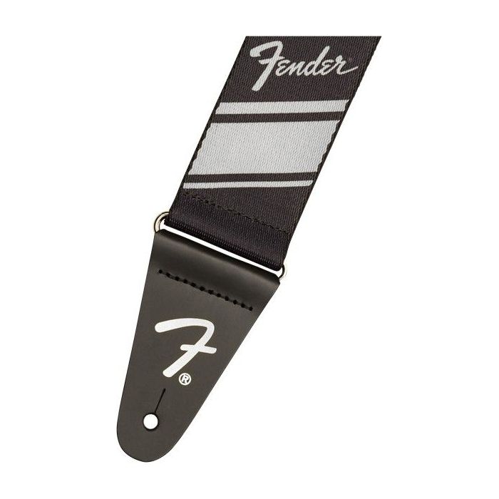 Closeup of the logo on a Fender 2 Inch Competition Stripe Strap Silver