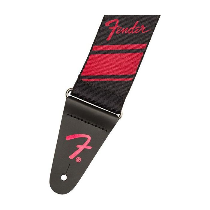 Closeup of the logo on a Fender 2 Inch Competition Stripe Strap Ruby