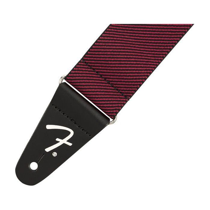 Closeup of the logo on a Fender Weighless Red Tweed Guitar Strap