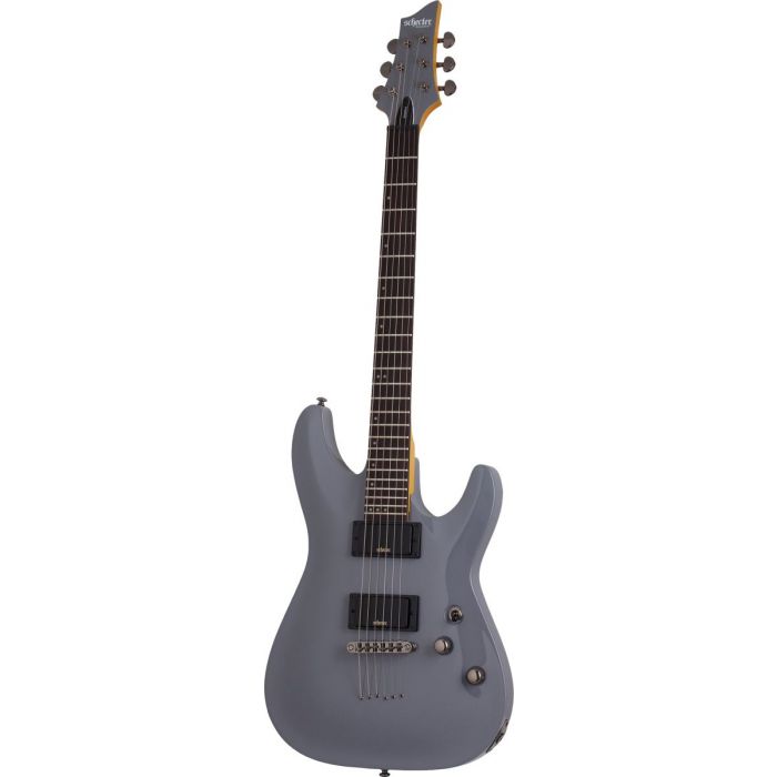 Full front-side view of a UK Exclusive Schecter Demon-6 Nardo Grey Electric Guitar