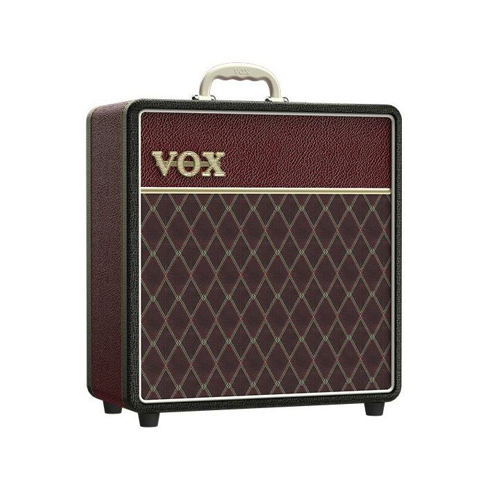 Front right angled view of a limited edition Vox AC4C1 4w Combo Amp Two Tone Black Maroon