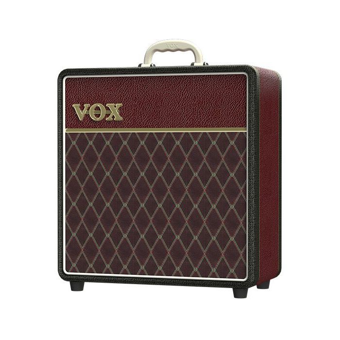 Front left angled view of a limited edition Vox AC4C1 4w Combo Amp Two Tone Black Maroon