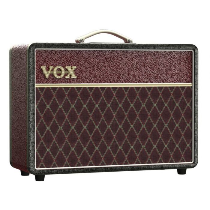 Front right angled view of a limited edition Vox AC10C1 10w Combo Amp Two Tone Black Maroon