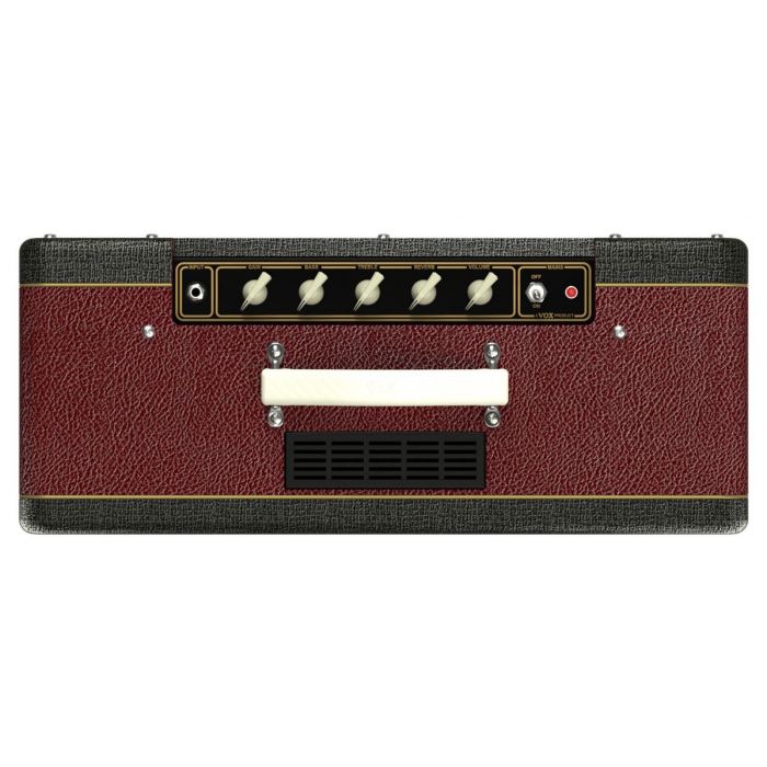View of the top control panel on a limited edition Vox AC10C1 10w Combo Amp Two Tone Black Maroon