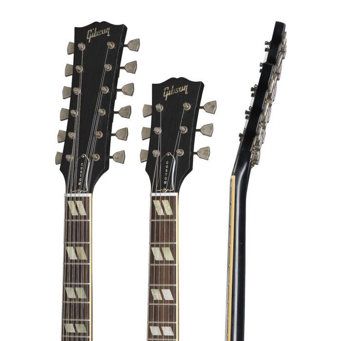 Front and side view of the headstocks on a Gibson Slash Signed 1966 EDS-1275 Doubleneck Replica Aged Ebony