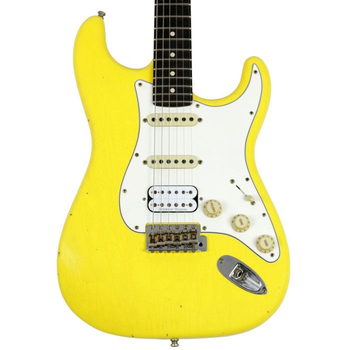 Front closeup view of the body on a Fender Custom Shop '52 Postmodern Strat Hss Journeyman Relic Graffiti Yellow