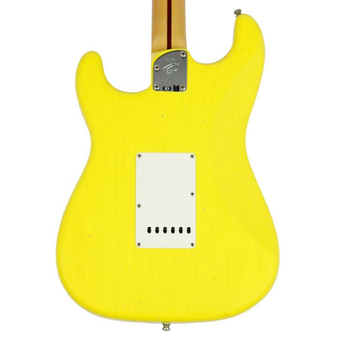 Rear closeup view of the body on a Fender Custom Shop '52 Postmodern Strat Hss Journeyman Relic Graffiti Yellow