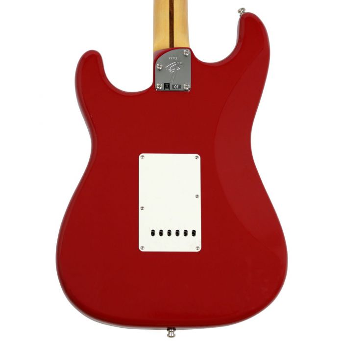 Closeup rear view of the body on a Fender Custom Shop Postmodern Strat LCC MN Dakota Red