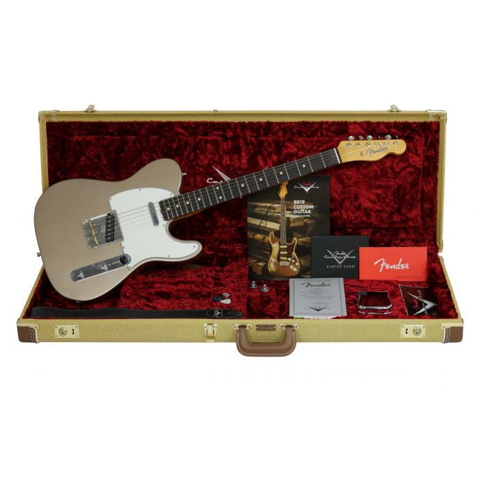 Full view of a Fender Custom Shop Postmodern Tele NOS RW Shoreline Gold in its open case