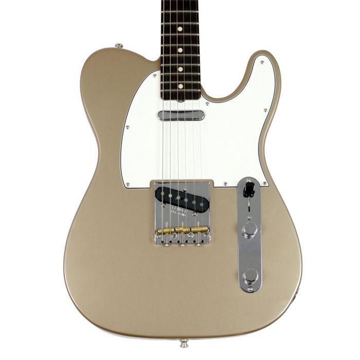Closeup front view of the body on a Fender Custom Shop Postmodern Tele NOS RW Shoreline Gold