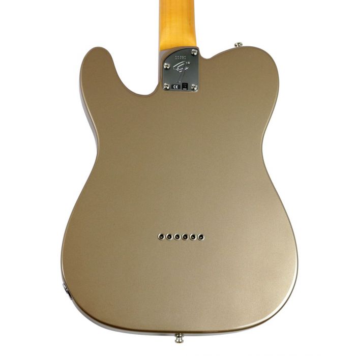 Closeup rear view of the body on a Fender Custom Shop Postmodern Tele NOS RW Shoreline Gold