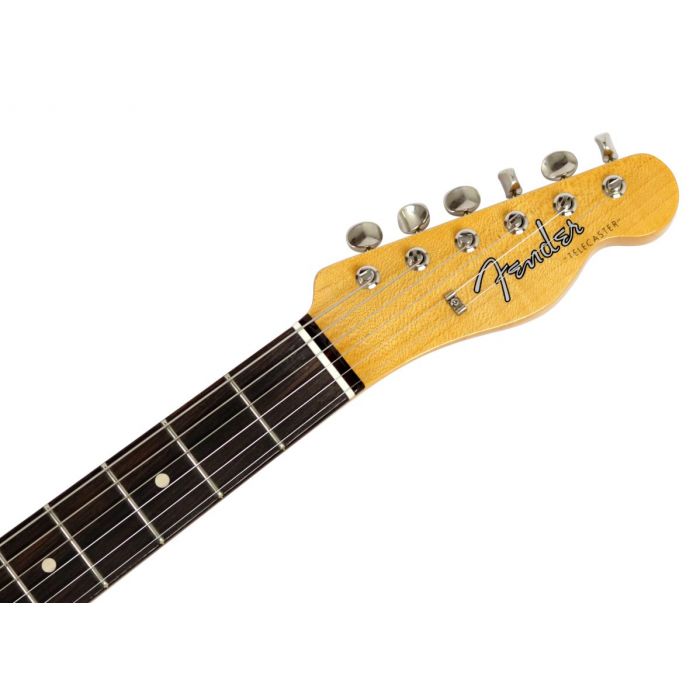 Closeup front view of the headstock on a Fender Custom Shop Postmodern Tele NOS RW Shoreline Gold