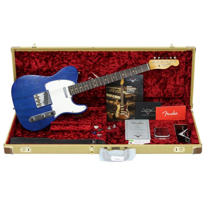 Full view of a Fender Custom Shop Postmodern Tele Journeyman Relic Cobalt Blue Trans in its open case
