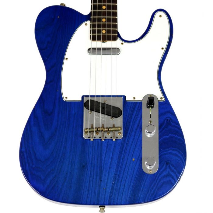 Closeup front view of the body on a Fender Custom Shop Postmodern Tele Journeyman Relic Cobalt Blue Trans