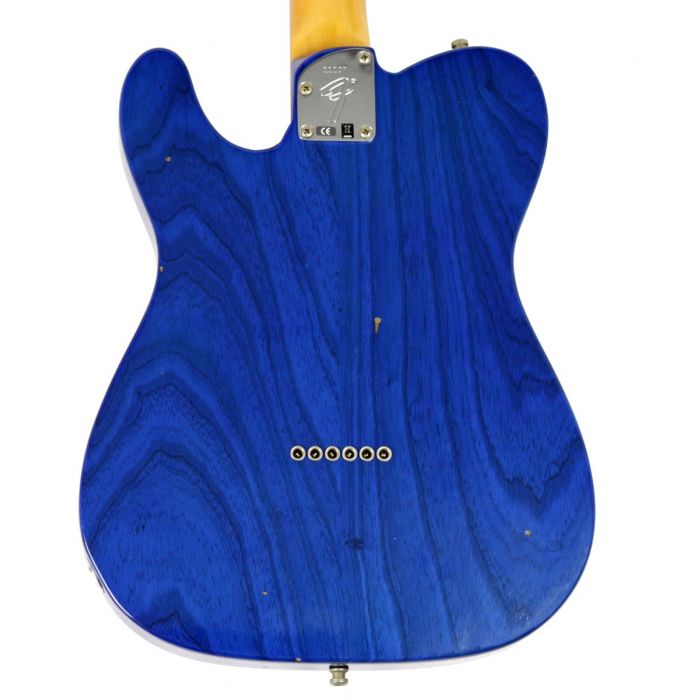 Closeup rear view of the body on a Fender Custom Shop Postmodern Tele Journeyman Relic Cobalt Blue Trans