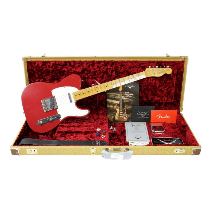 Full view of a Fender Custom Shop Postmodern Tele Journeyman Relic MN Dakota Red in its open case